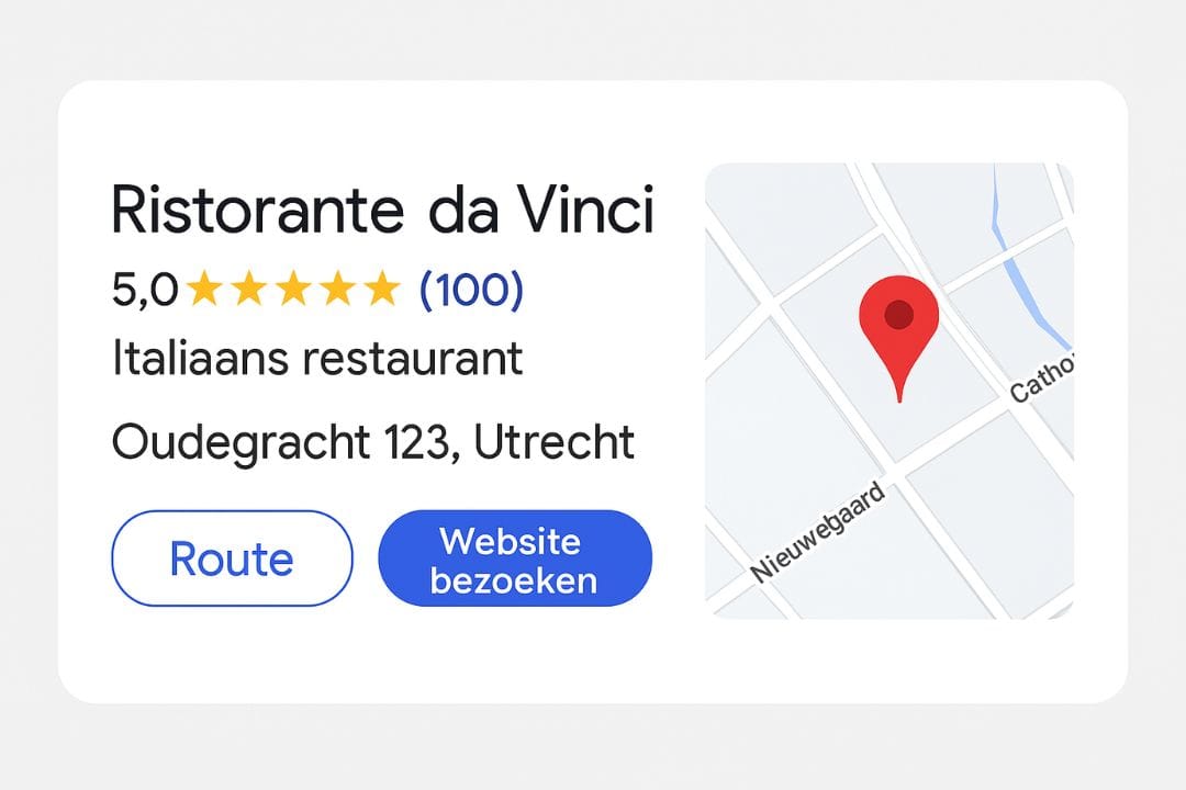 Bedrijf met hoge rating op google Voorbeeld van een Google Bedrijfsprofiel met 5-sterren rating en locatiekaart in Utrecht.