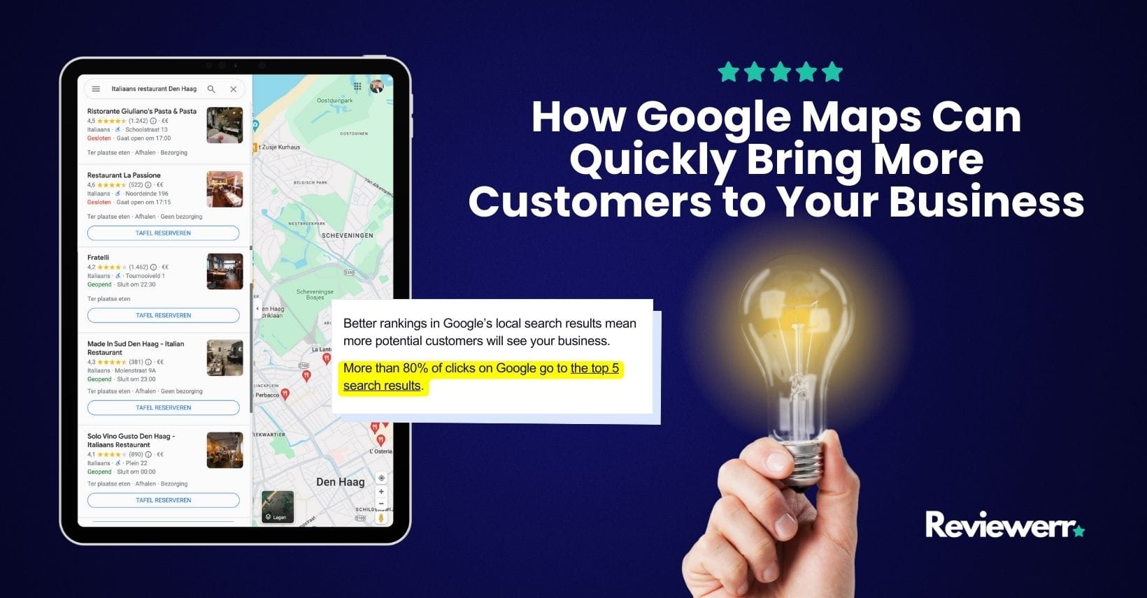 Tablet displaying Google Maps search results for Italian restaurants in The Hague, with highlighted text on top search rankings and a glowing lightbulb representing local SEO strategy