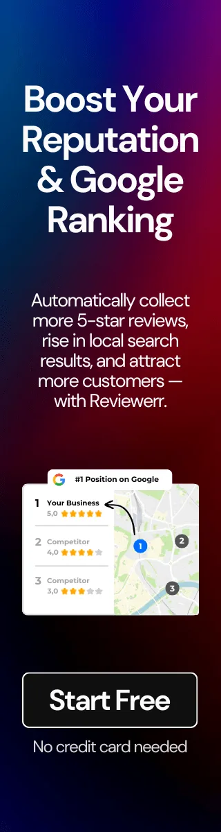 Boost Your Reputation & Google Ranking Banner | Reviewerr Boost your reputation and Google ranking with Reviewerr — collect more 5-star reviews and attract more local customers automatically.